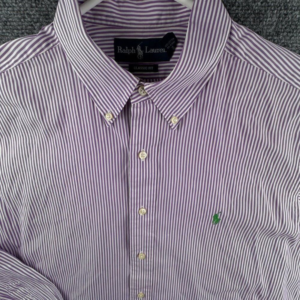 Ralph Lauren Button Up Shirt Men Long Sleeve Cotton Purple Striped Classic 17 XL